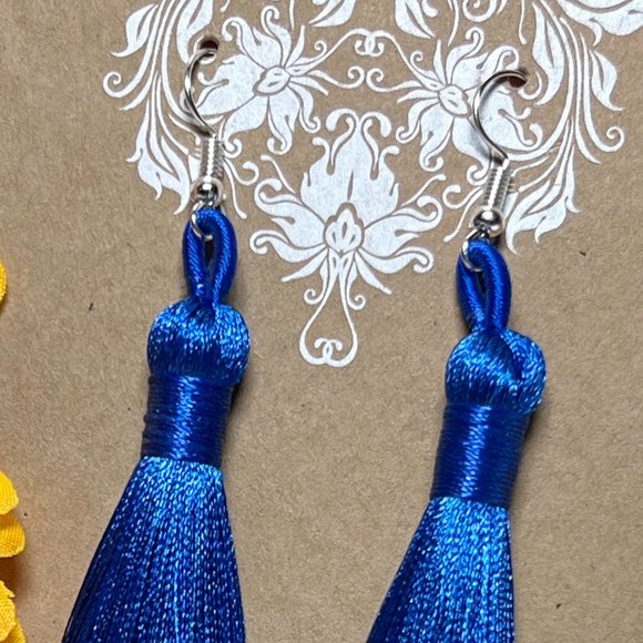 Tassel Earrings Long Drop Dangles Blue Smooth Silky Fringe Dressy Elegance NWT - Picture 2 of 4